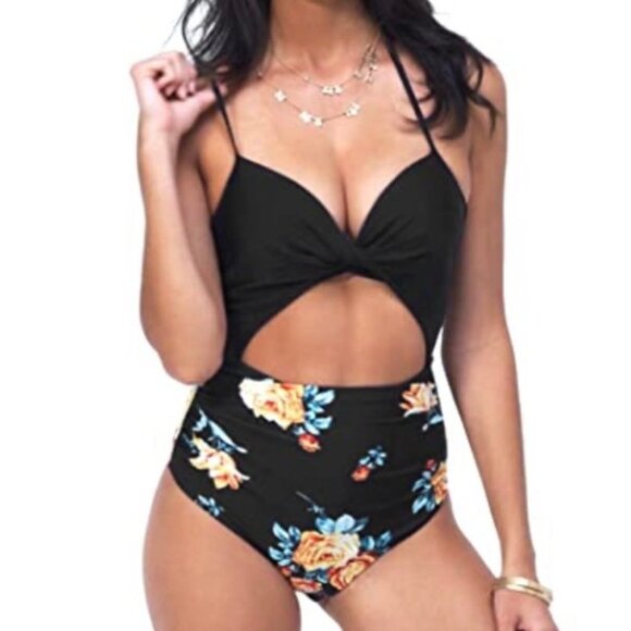CUPSHE Women’s Black Floral Print Halter Cutout High Waist One Piece Swimsuit Sz - Picture 1 of 5